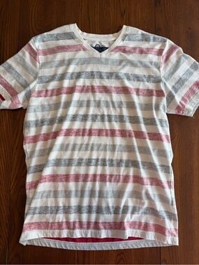 American Rag White V-Neck Short Sleeve Tee with Red & Gray Stripes